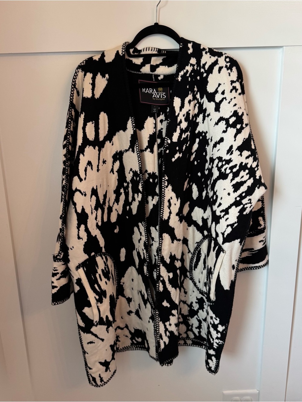 Rara Avis by Iris Apfel Black White Cow Print Open Front Oversized Coat Large